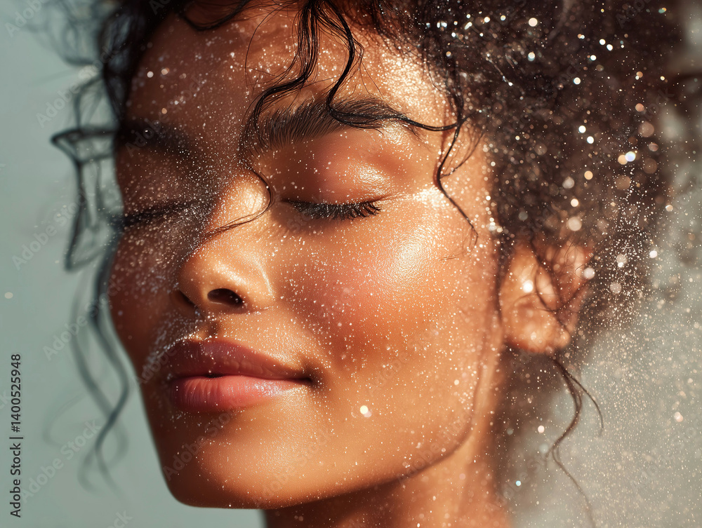 Hydration summer concept with black model standing amongst water drops.