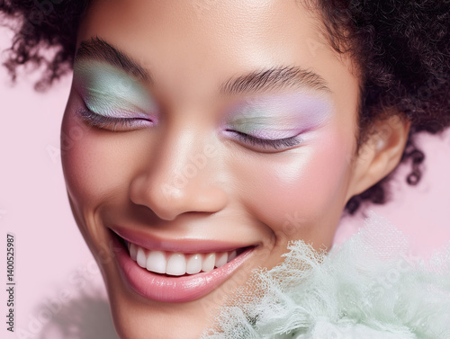 Cheerful black model with pastel make-up on pink background. 