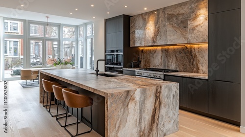 Luxury Modern Kitchen Design with Marble Island and Dark Cabinets