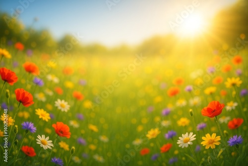 Vibrant Wildflower Field Illuminated by Golden Sunlight at Sunset