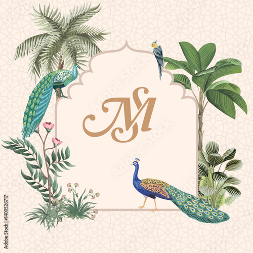 Mughal Wedding Monogram Design, Mughal wedding card, Logo, Mughal Wall Mural.