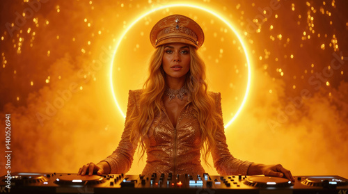 glamorous female DJ stands confidently behind her DJ console