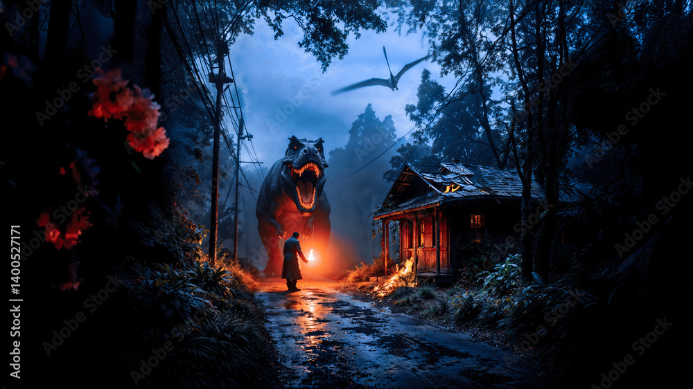 horror scene of giant andry t-rex and small human