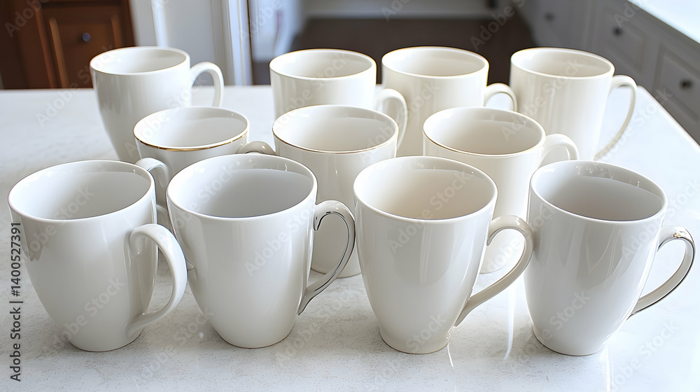 Twelve white mugs on kitchen counter, ready for coffee or tea, bright background