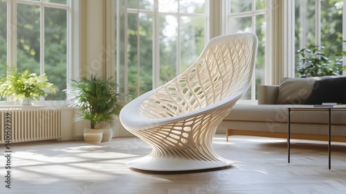Modern White 3D Printed Chair in Bright Living Room Interior Design