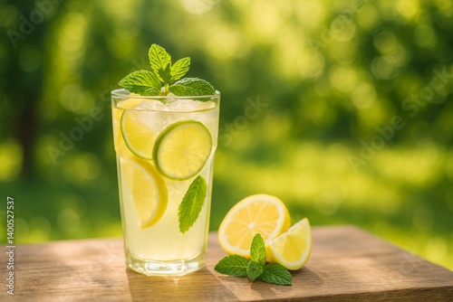 Refreshing Lemonade With Slices of Lemon and Lime Under Warm Sunlight in a Lu...