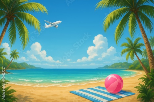 Relaxing Beach Setting With Palm Trees and Airplane in Bright Blue Sky