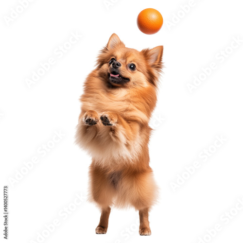 Energetic pomeranian jumping playfully with a ball in mid air displaying joy and agility