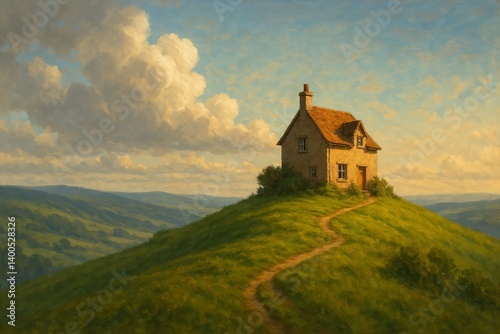 Charming Countryside House on a Hill Under a Blue Sky at Sunset