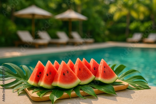 Refreshing Watermelon Slices by the Poolside Surrounded by Tropical Greenery