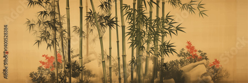 vector illustration of bamboo forest painting on old vintage silk paper	