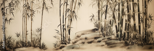 vector illustration of bamboo forest painting on old vintage silk paper	