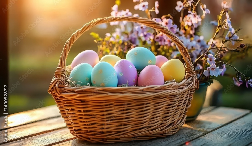 Easter basket with colorful eggs on a wooden table with sunlight Easter basket with colorful eggs on a wooden table with sunlight