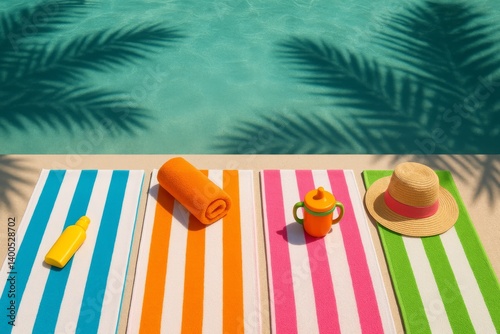 Colorful Beach Towels and Summer Accessories by the Pool in Bright Sunlight