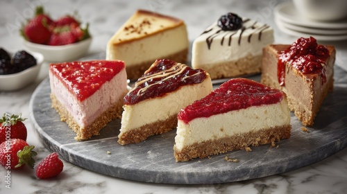 A selection of creamy cheesecakes with various toppings, displayed on a marble slab - flat shot close cheesecake