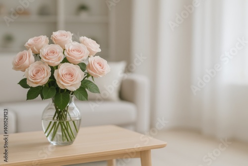 Beautiful Pink Roses in a Clear Vase on a Wooden Table in a Bright Living Room