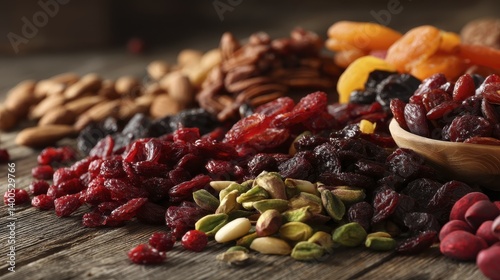 Close-up shot of assorted dried fruits arranged artfully on a rustic wooden surface Ideal for holiday recipes - baking macro raisins