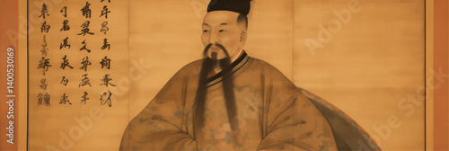 vector illustration of Chinese Emperor painting on old vintage silk paper	
