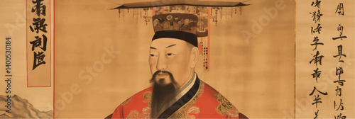 vector illustration of Chinese Emperor painting on old vintage silk paper	