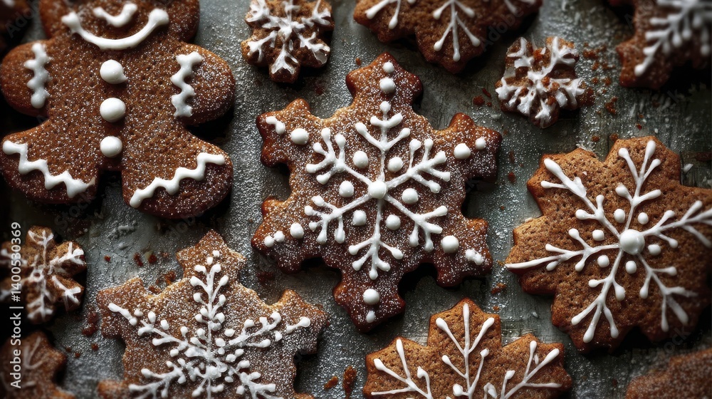 Gingerbread cookies, decorated with icing, arranged on a baking sheet - gingerbread cookie macro Gingerbread cookies, decorated with icing, arranged on a baking sheet - gingerbread cookie macro