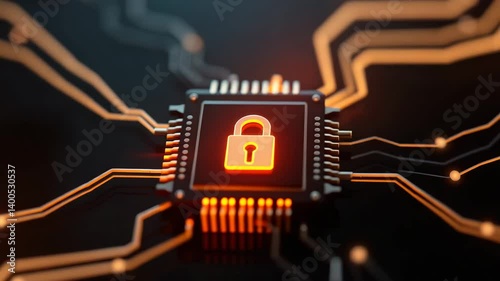 Microchip with Lock Symbol for Cybersecurity and Data Protection