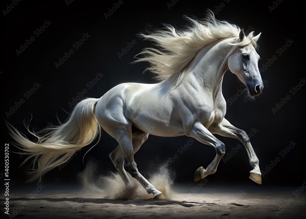Naklejka premium Elegant White Horse Galloping in Darkness - Low Light Stock Photo