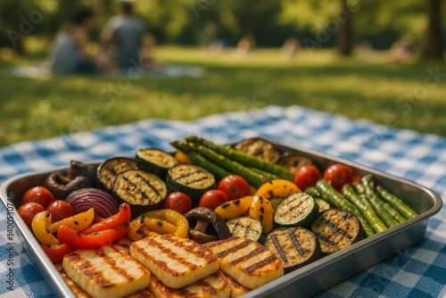 Grilled Vegetables Served on a Tray During a Sunny Picnic in the Park