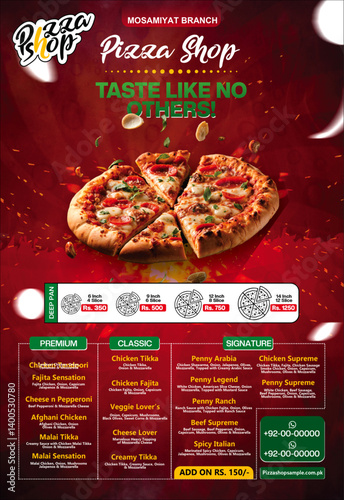 Delicious Deep Dish Pizza Menu Flyer Template. high-impact food design Premium, Classic, and Signature items. Perfect for pizzeria branding, fast food promotions, Fully editable for print