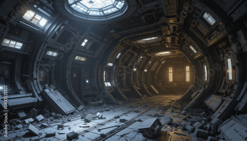 futuristic, abandoned spaceship interior with scattered debris and dim lighting creates eerie atmosphere. circular corridor features large skylight, casting soft glow on metallic surfaces