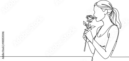 continuous single line drawing of young woman holding and sniffing a flower, line art vector illustration
