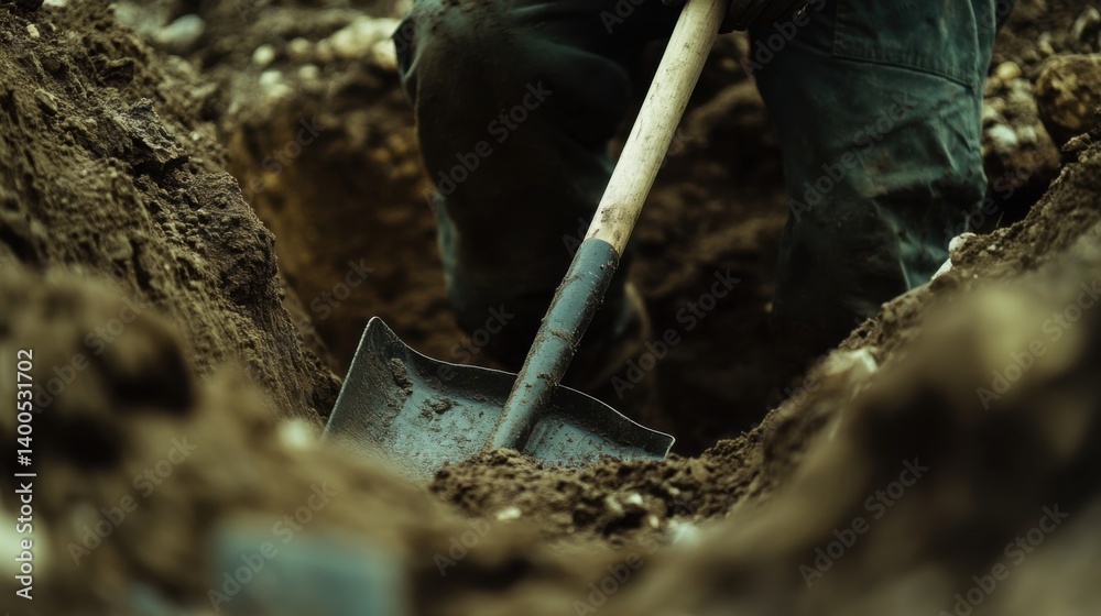 Fototapeta premium Construction worker digging a trench with a shovel. Featuring labor and technique