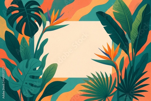 Vibrant Tropical Plants Frame a Blank Canvas Ideal for Creative Projects and Designs