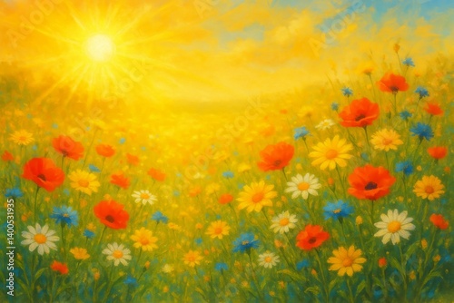 Vibrant Wildflower Field Under a Golden Sun at Sunset Capturing Natures Beaut...