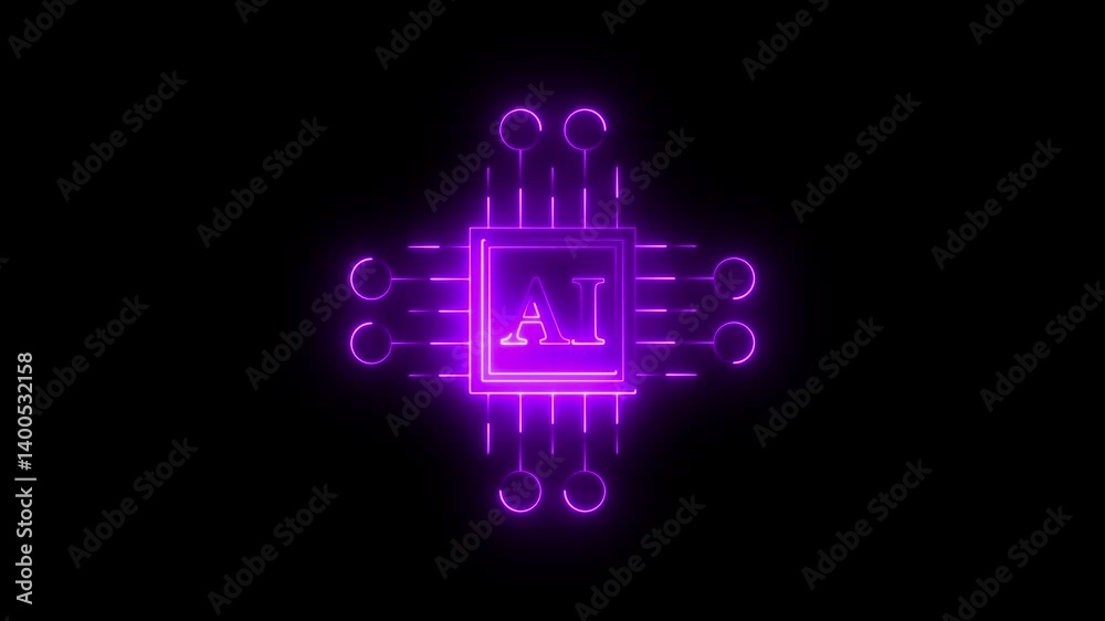 Neon glowing animation of AI CPU chip glowing with digital circuits and data flow. artificial intelligence, deep learning, futuristic processors, and smart computing Neon glowing animation of AI CPU chip glowing with digital circuits and data flow. artificial intelligence, deep learning, futuristic processors, and smart computing