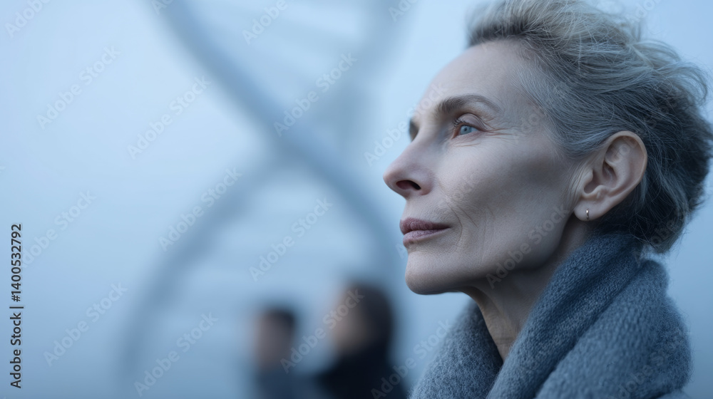 White Nordic woman in fog, DNA spiral background illustrating genetic traits and world diversity in futuristic cold tones