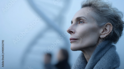 Obraz na płótnie White Nordic woman in fog, DNA spiral background illustrating genetic traits and world diversity in futuristic cold tones w salonie