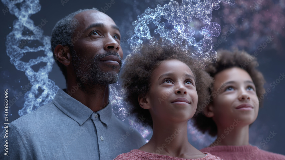 Conceptual family portrait of a Black father and two children, DNA helix symbolizing shared hereditary traits and genetics