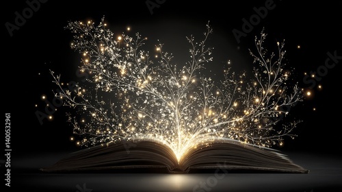 An open book with a glowing light emanating from its pages - discovery energy turning