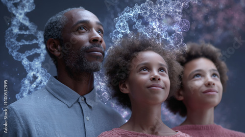 Obraz na płótnie Conceptual family portrait of a Black father and two children, DNA helix symbolizing shared hereditary traits and genetics w salonie