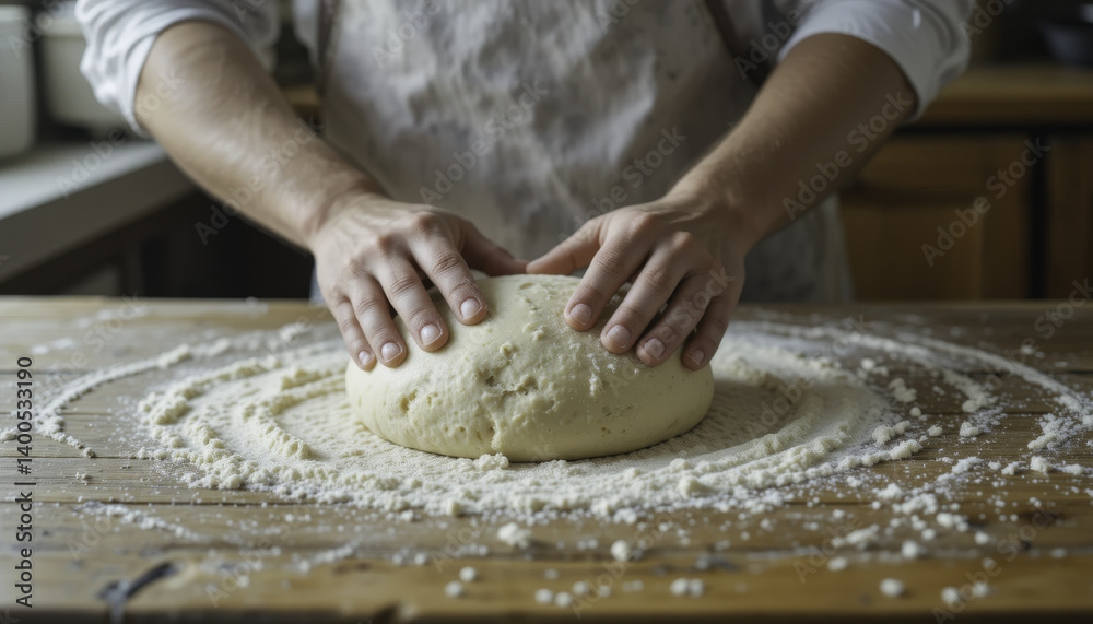 person kneads dough on floured wooden surface, preparing it for baking in cozy kitchen setting. hands are focused and skillful, emphasizing art of bread making person kneads dough on floured wooden surface, preparing it for baking in cozy kitchen setting. hands are focused and skillful, emphasizing art of bread making