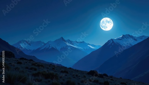 The full moon casts a silver light on Scottish mountains at night, sky, full moon