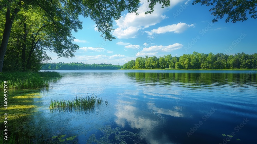 Serene Lakeside Landscape: A Tranquil Summer Day by the Lake Serene Lakeside Landscape: A Tranquil Summer Day by the Lake