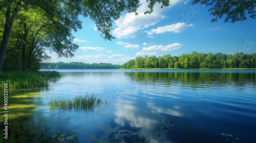 Serene Lakeside Landscape: A Tranquil Summer Day by the Lake