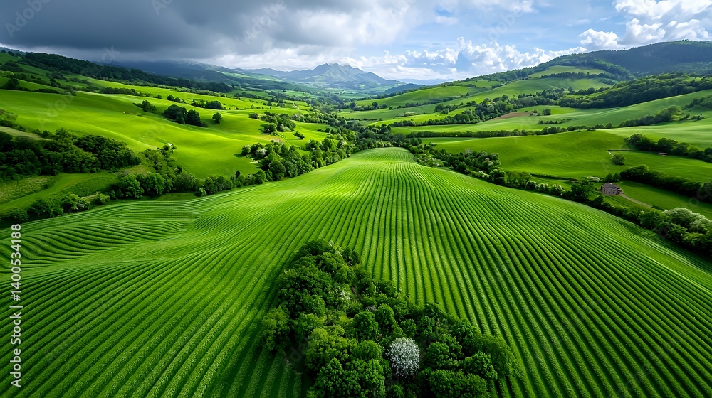 Fototapeta premium Aerial view of rolling green hills and fields