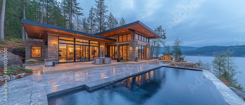 Modern house with a pool overlooking a lake surrounded by trees.