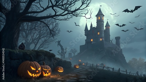 Haunted Castle with Ghostly Bats
