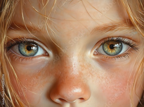 Child with Strabismus Treatment Portrait Closeup of Female Eyes in Hyper-Realistic Style photo