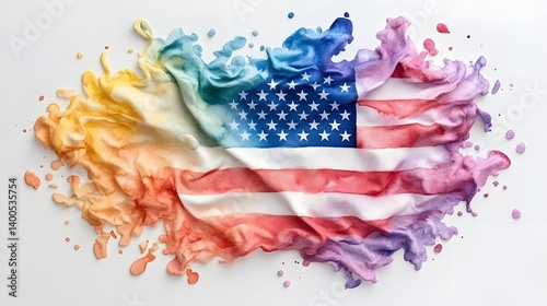 Artistic Watercolor American Flag with Rainbow Splashes Pride and Patriotism