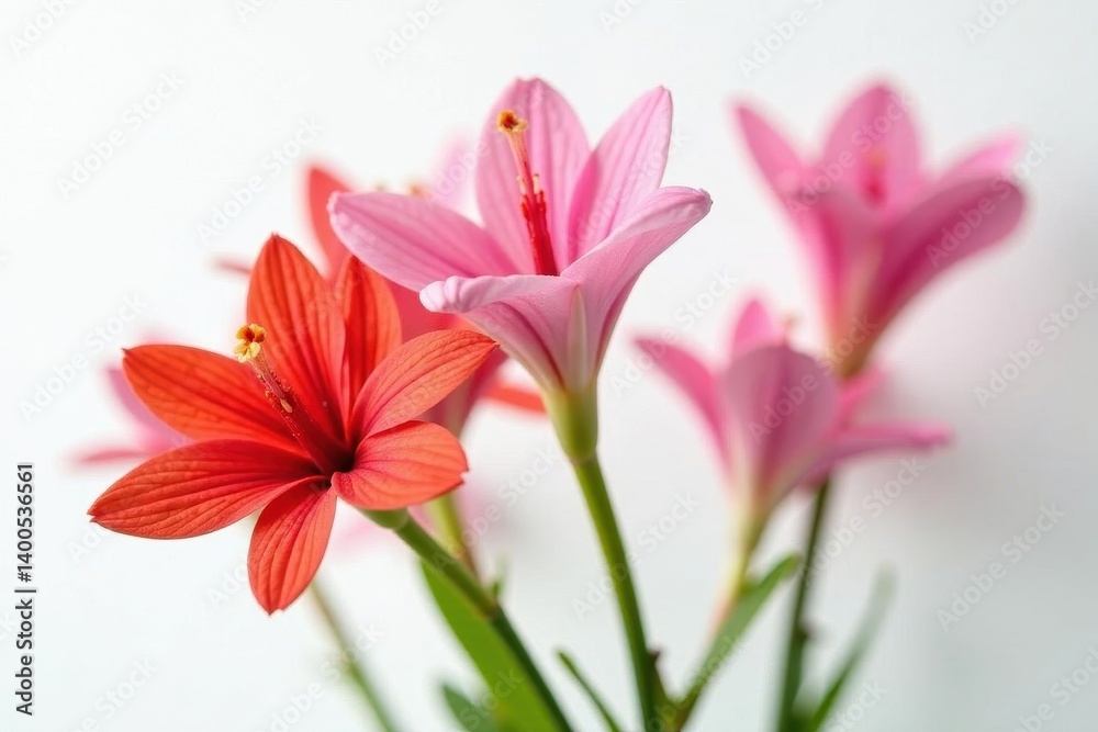 Close-up view of blooming freesia twigs, vibrant colors, pure white background , floral, spring Close-up view of blooming freesia twigs, vibrant colors, pure white background , floral, spring