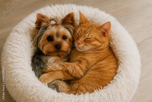 Cozy Dog and Cat Cuddling Together in a Fluffy Pet Bed at Home During the Aft...